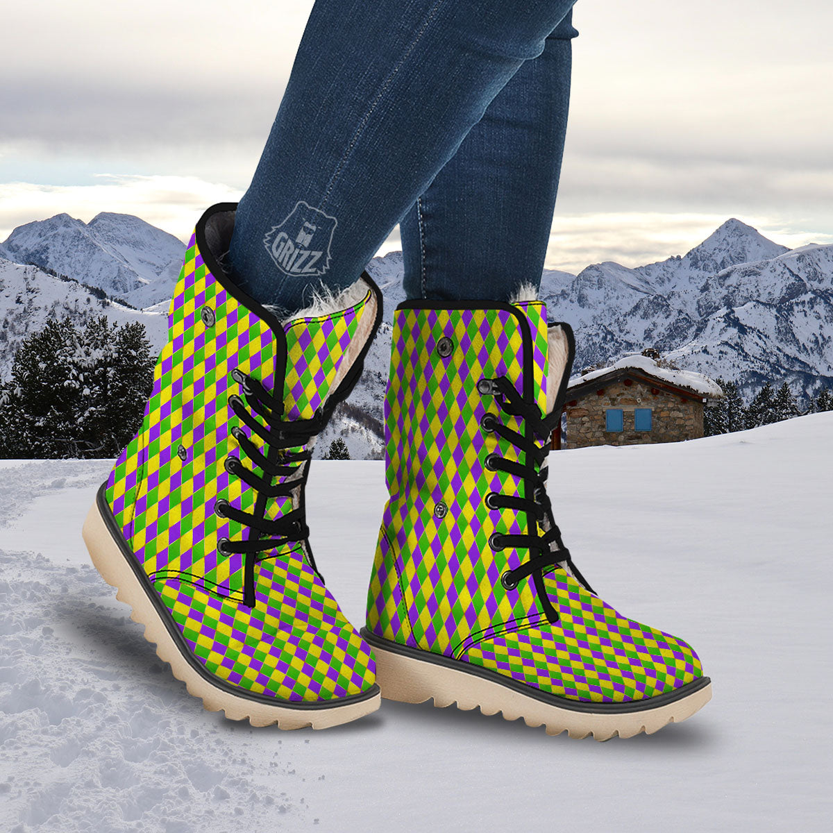 Mardi Gras Purple Green And Yellow Print Pattern Snow Boots-grizzshop