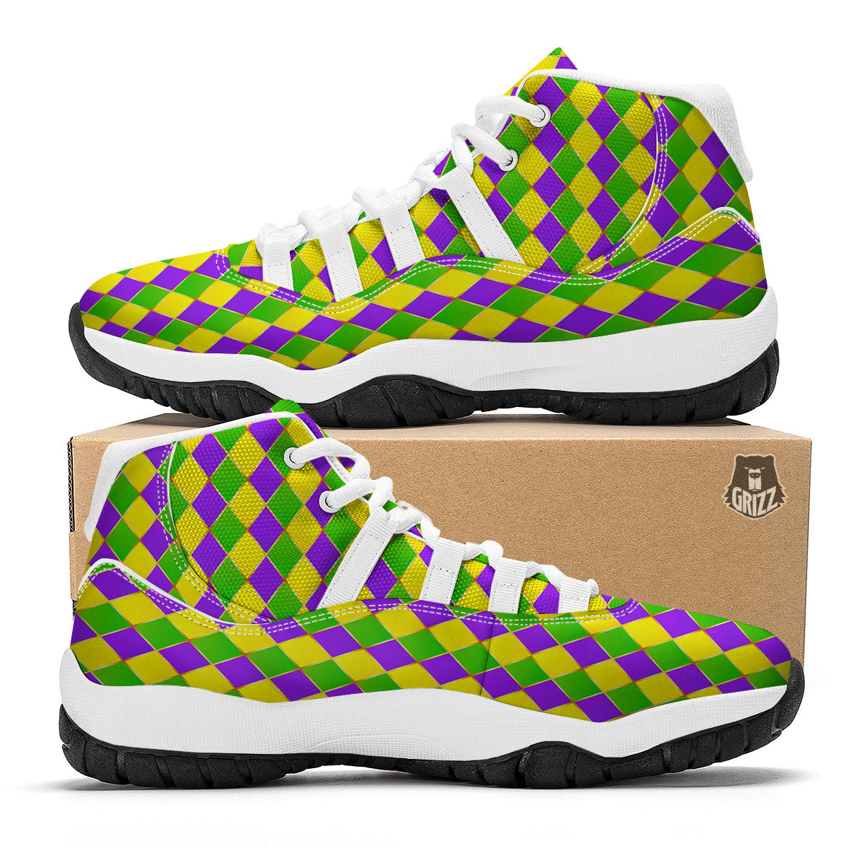 Mardi Gras Purple Green And Yellow Print Pattern White Bball Shoes-grizzshop