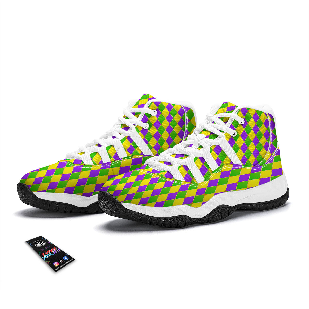 Mardi Gras Purple Green And Yellow Print Pattern White Bball Shoes-grizzshop