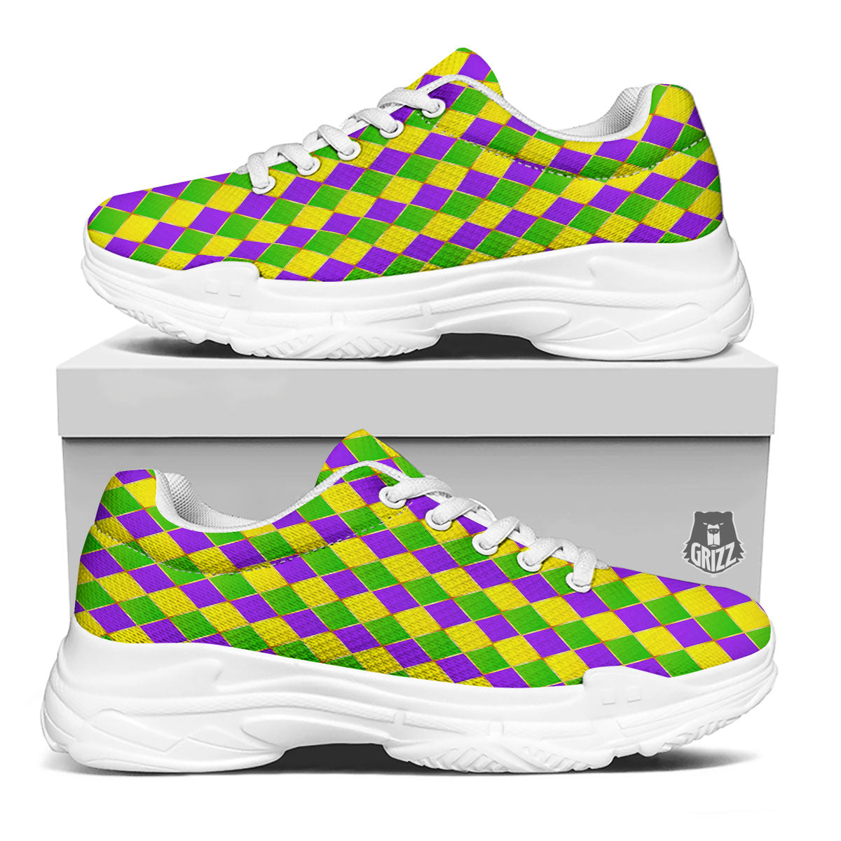 Mardi Gras Purple Green And Yellow Print Pattern White Chunky Shoes-grizzshop