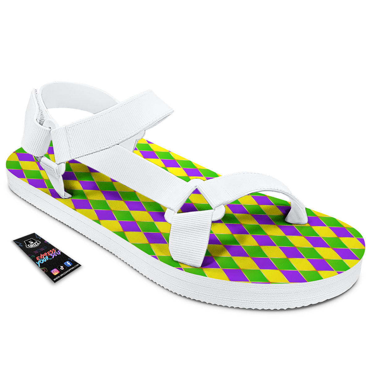 Mardi Gras Purple Green And Yellow Print Pattern White Open Toe Sandals-grizzshop