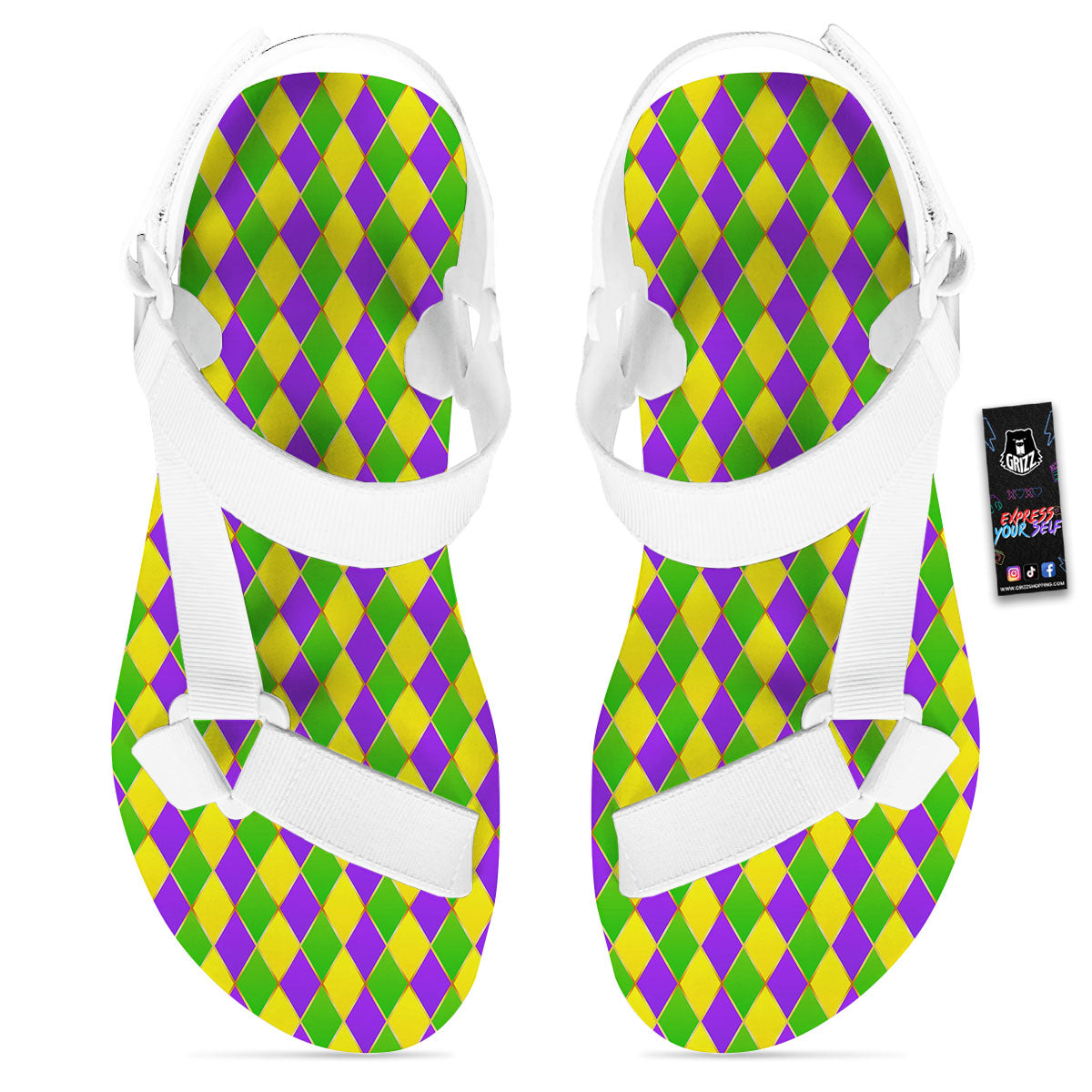 Mardi Gras Purple Green And Yellow Print Pattern White Open Toe Sandals-grizzshop