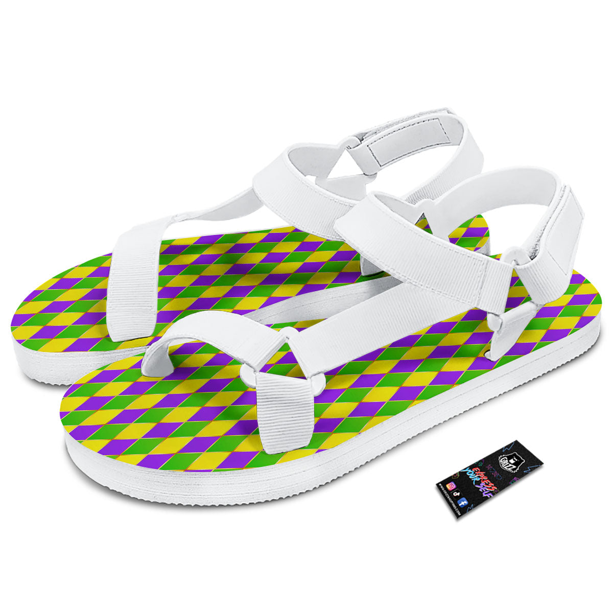 Mardi Gras Purple Green And Yellow Print Pattern White Open Toe Sandals-grizzshop