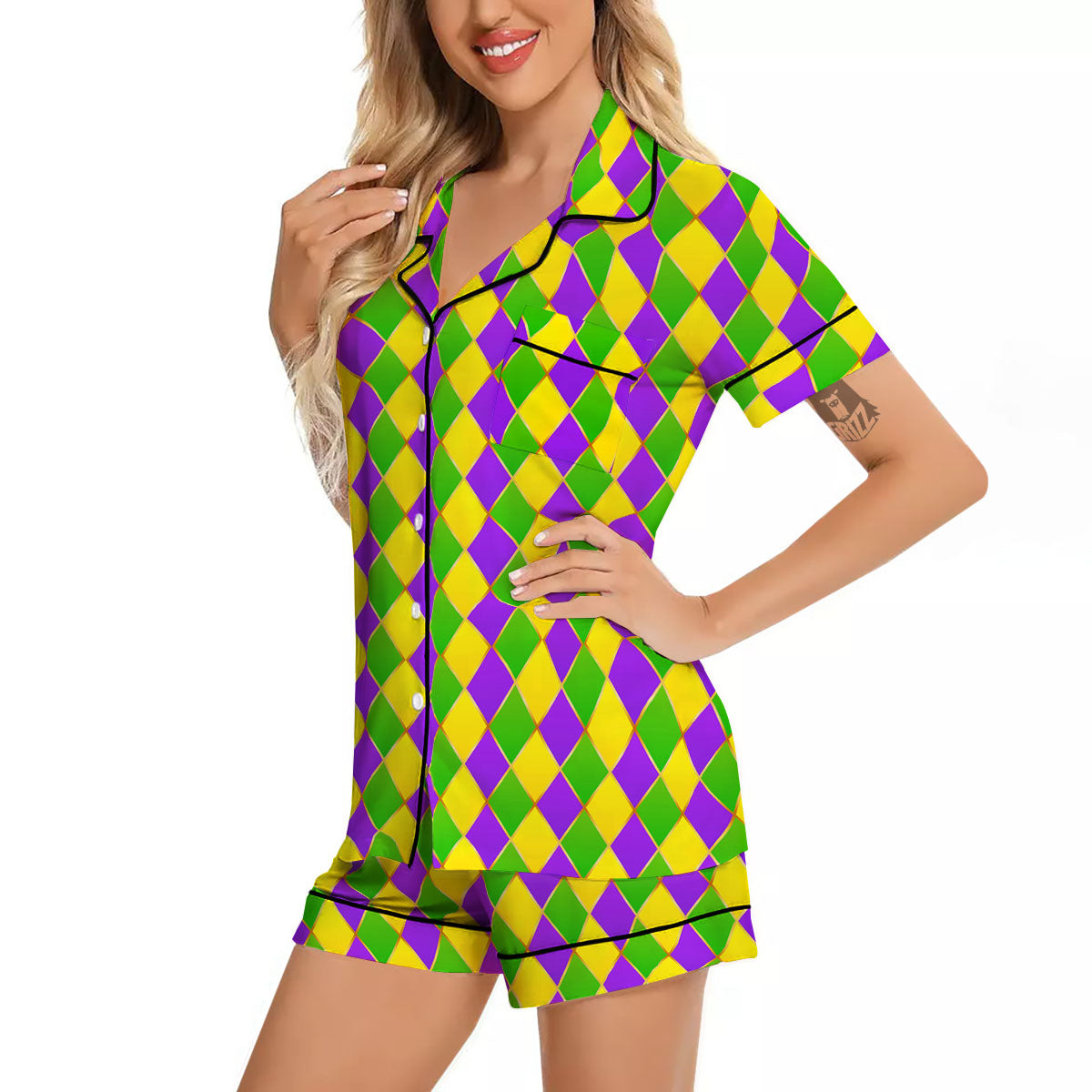 Mardi Gras Purple Green And Yellow Print Pattern Women Silk Pajamas-grizzshop