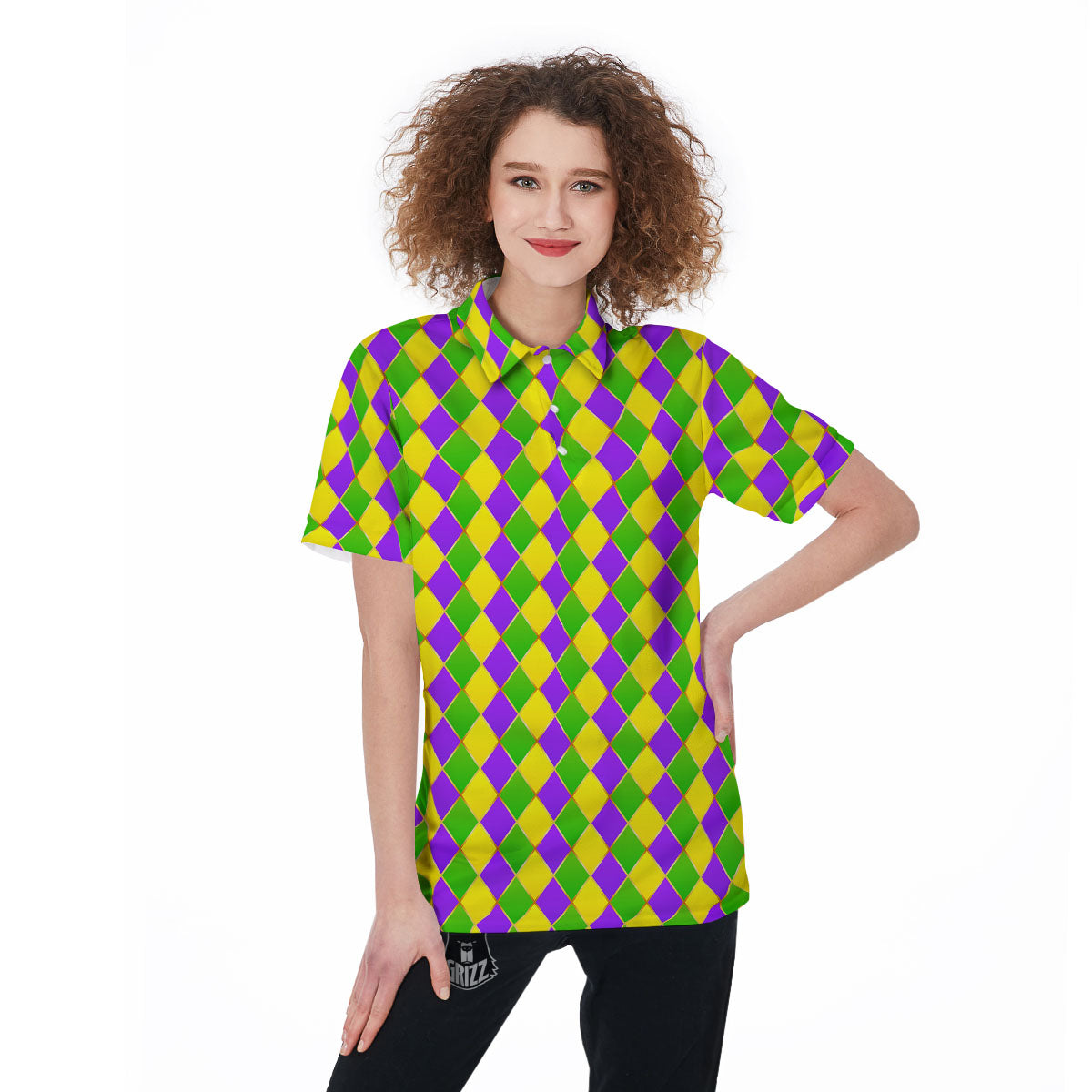 Mardi Gras Purple Green And Yellow Print Pattern Women's Golf Shirts-grizzshop