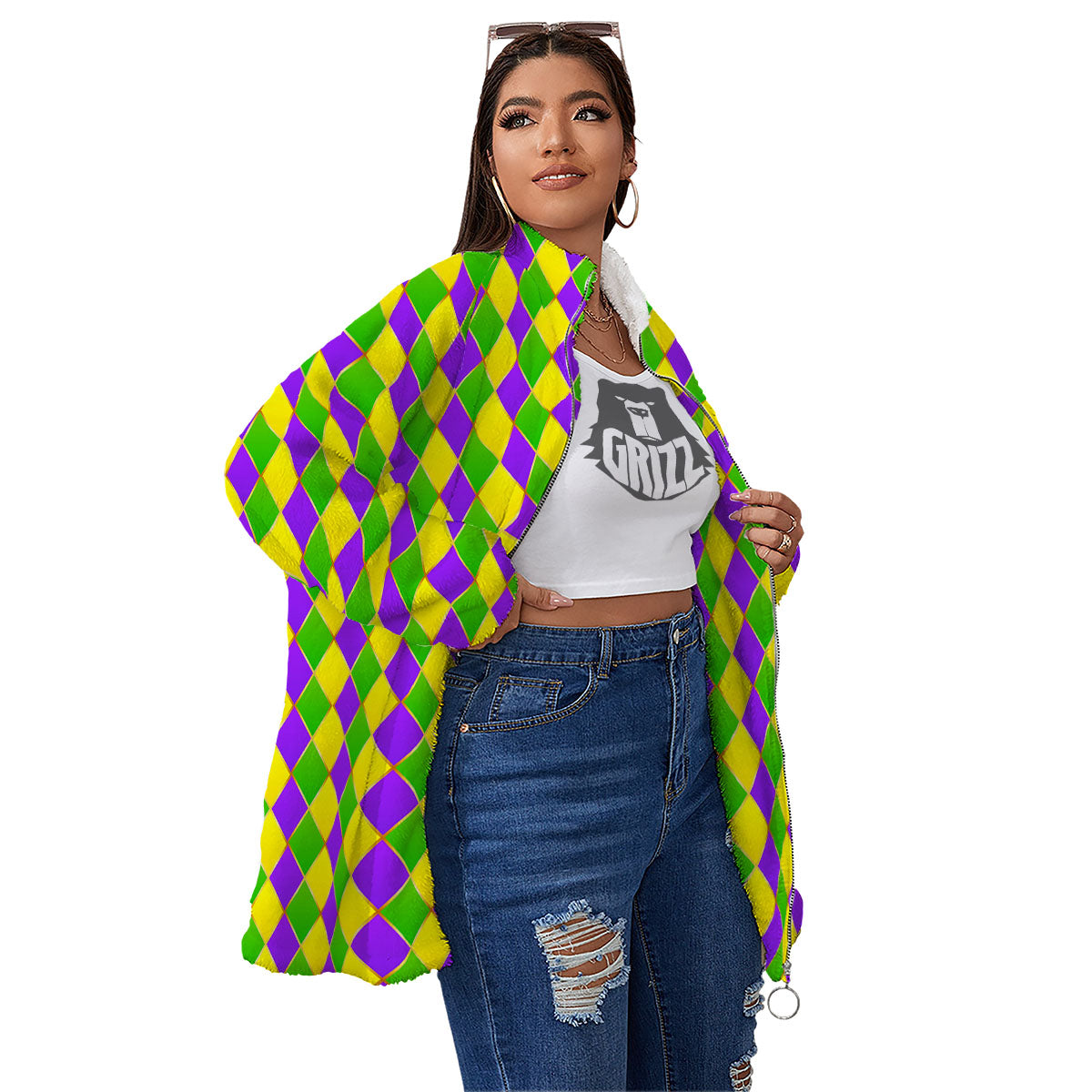 Mardi Gras Purple Green And Yellow Print Pattern Women's Sherpa Jacket-grizzshop