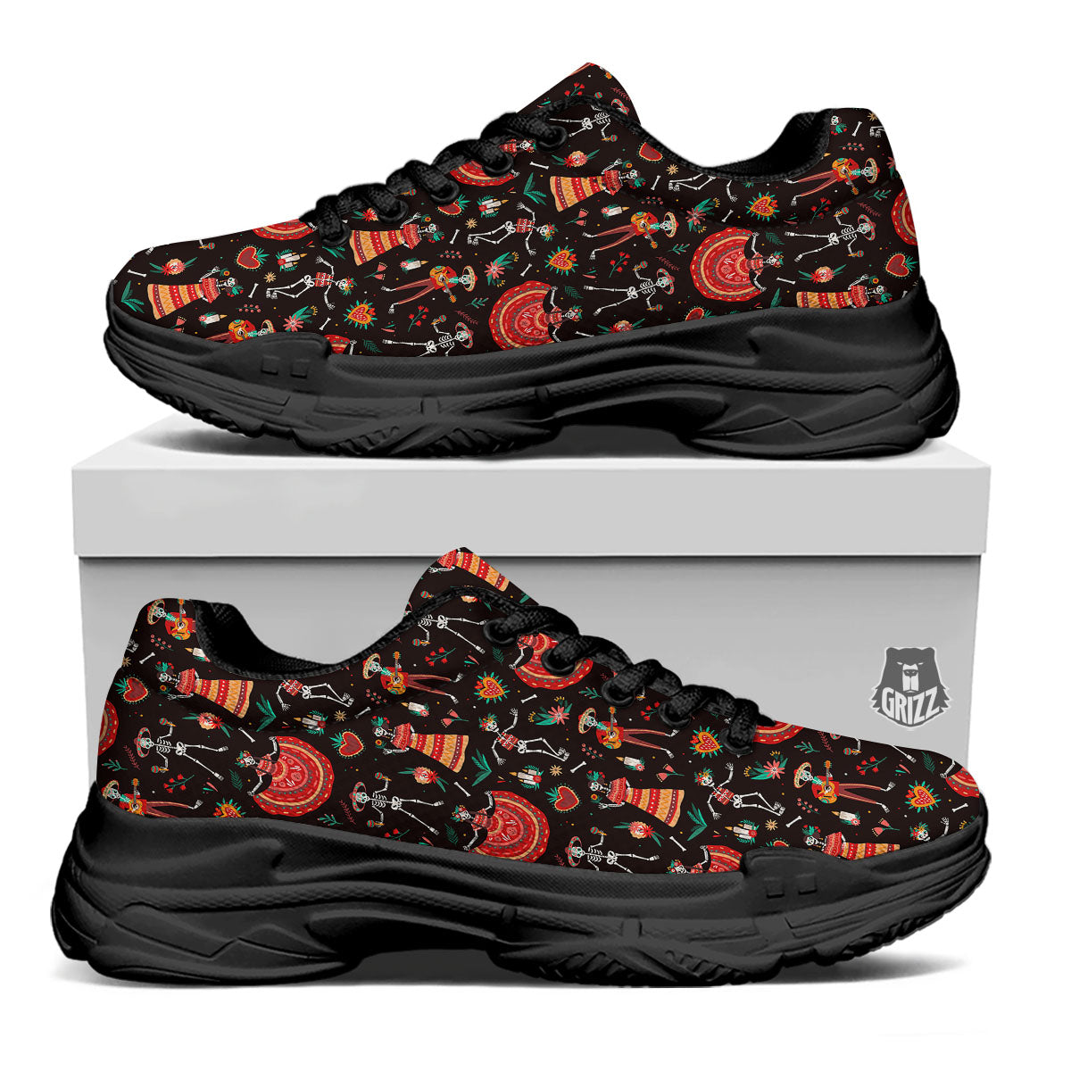 Mariachi Skeletons Day Of The Dead Print Pattern Black Chunky Shoes-grizzshop