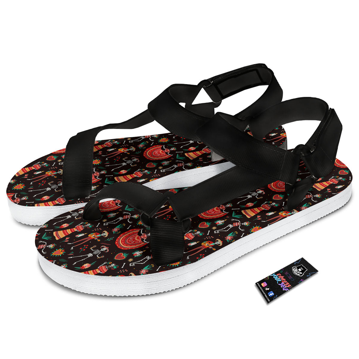 Mariachi Skeletons Day Of The Dead Print Pattern Black Open Toe Sandals-grizzshop