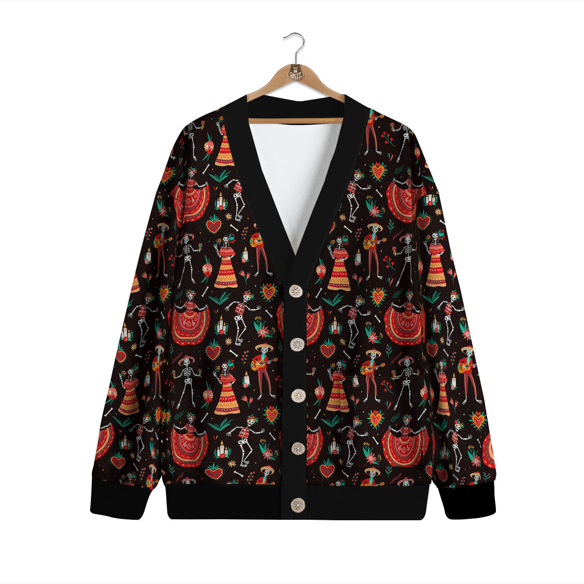 Mariachi Skeletons Day Of The Dead Print Pattern Cardigan-grizzshop