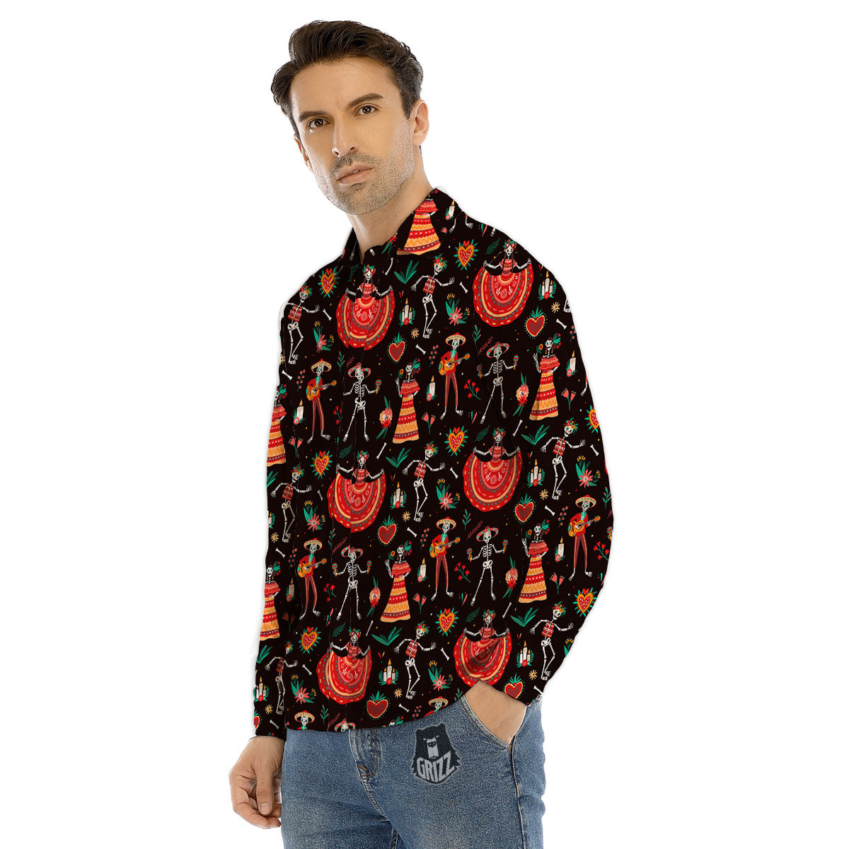 Mariachi Skeletons Day Of The Dead Print Pattern Men's Dress Shirts-grizzshop