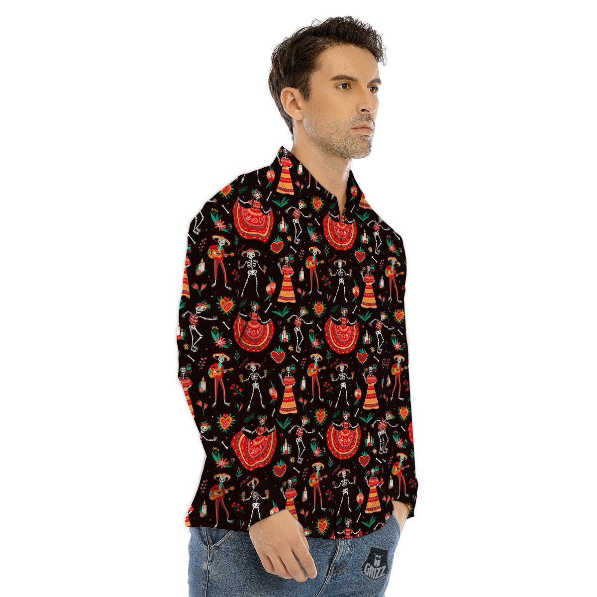 Mariachi Skeletons Day Of The Dead Print Pattern Men's Dress Shirts-grizzshop