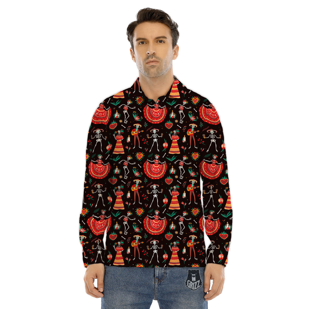 Mariachi Skeletons Day Of The Dead Print Pattern Men's Dress Shirts-grizzshop
