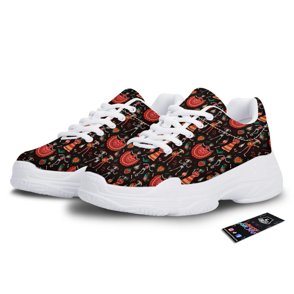 Mariachi Skeletons Day Of The Dead Print Pattern White Chunky Shoes-grizzshop
