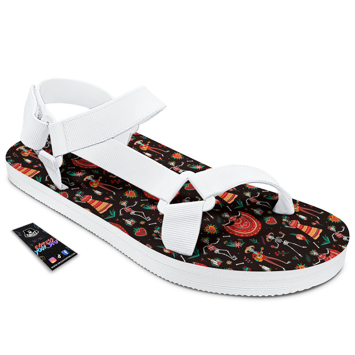 Mariachi Skeletons Day Of The Dead Print Pattern White Open Toe Sandals-grizzshop