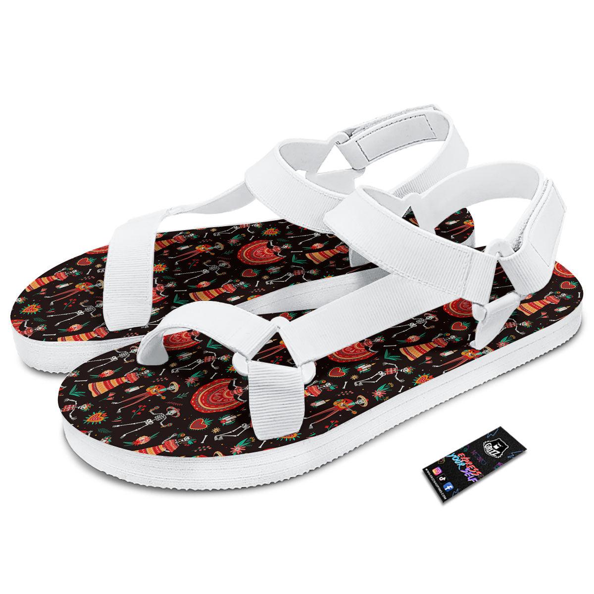 Mariachi Skeletons Day Of The Dead Print Pattern White Open Toe Sandals-grizzshop