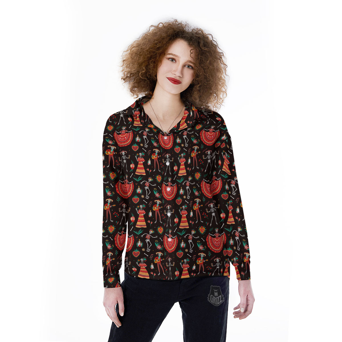 Mariachi Skeletons Day Of The Dead Print Pattern Women's Long Sleeve Shirts-grizzshop