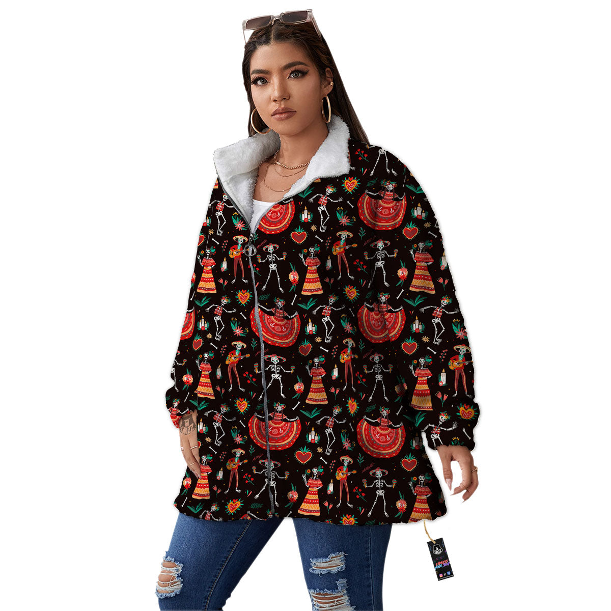 Mariachi Skeletons Day Of The Dead Print Pattern Women's Sherpa Jacket-grizzshop