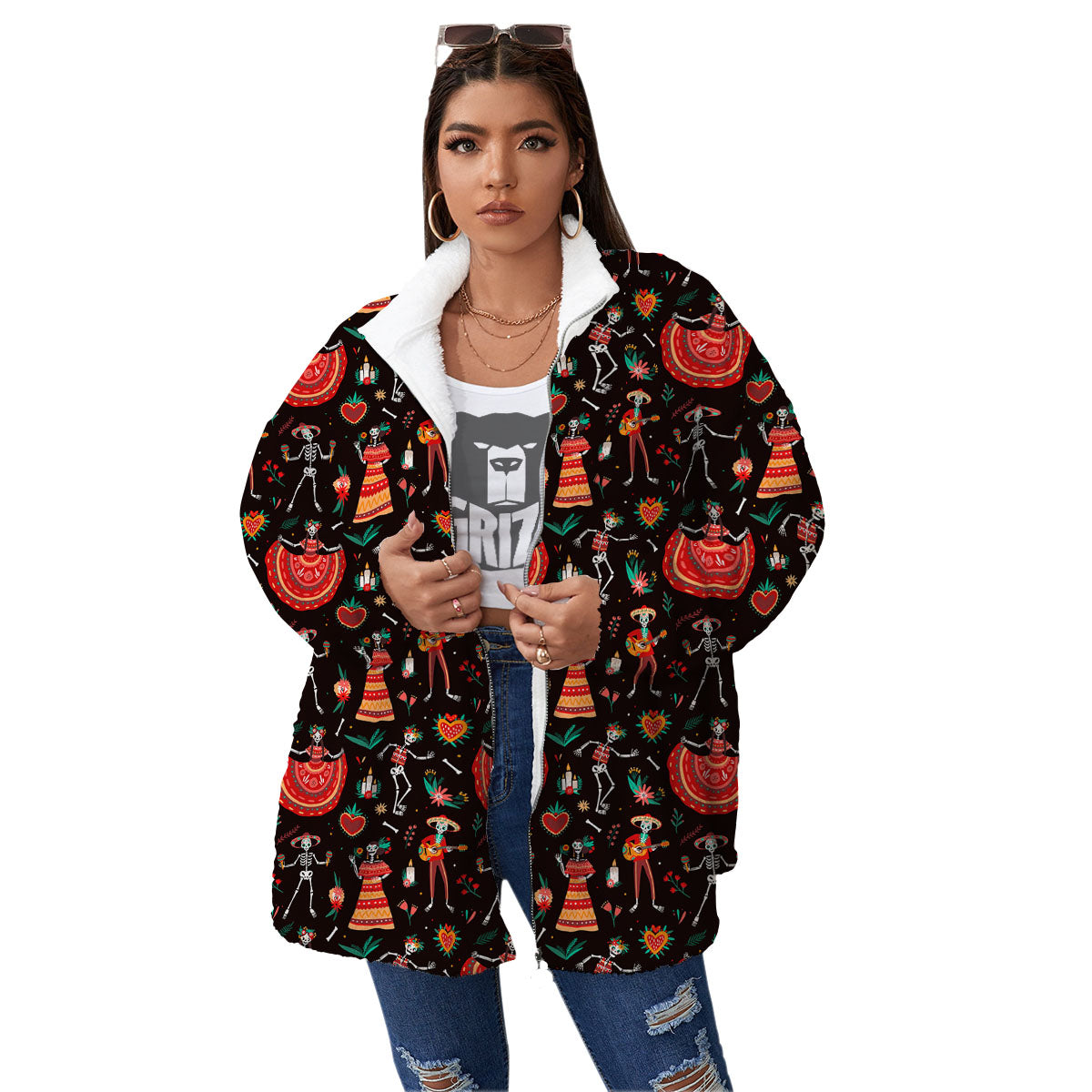 Mariachi Skeletons Day Of The Dead Print Pattern Women's Sherpa Jacket-grizzshop