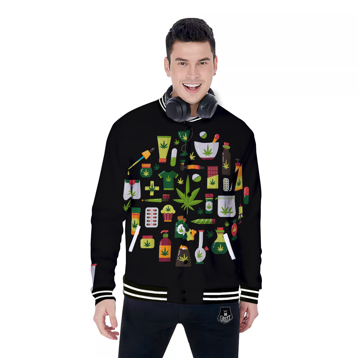 Marijuana And Cannabis Print Baseball Jacket-grizzshop