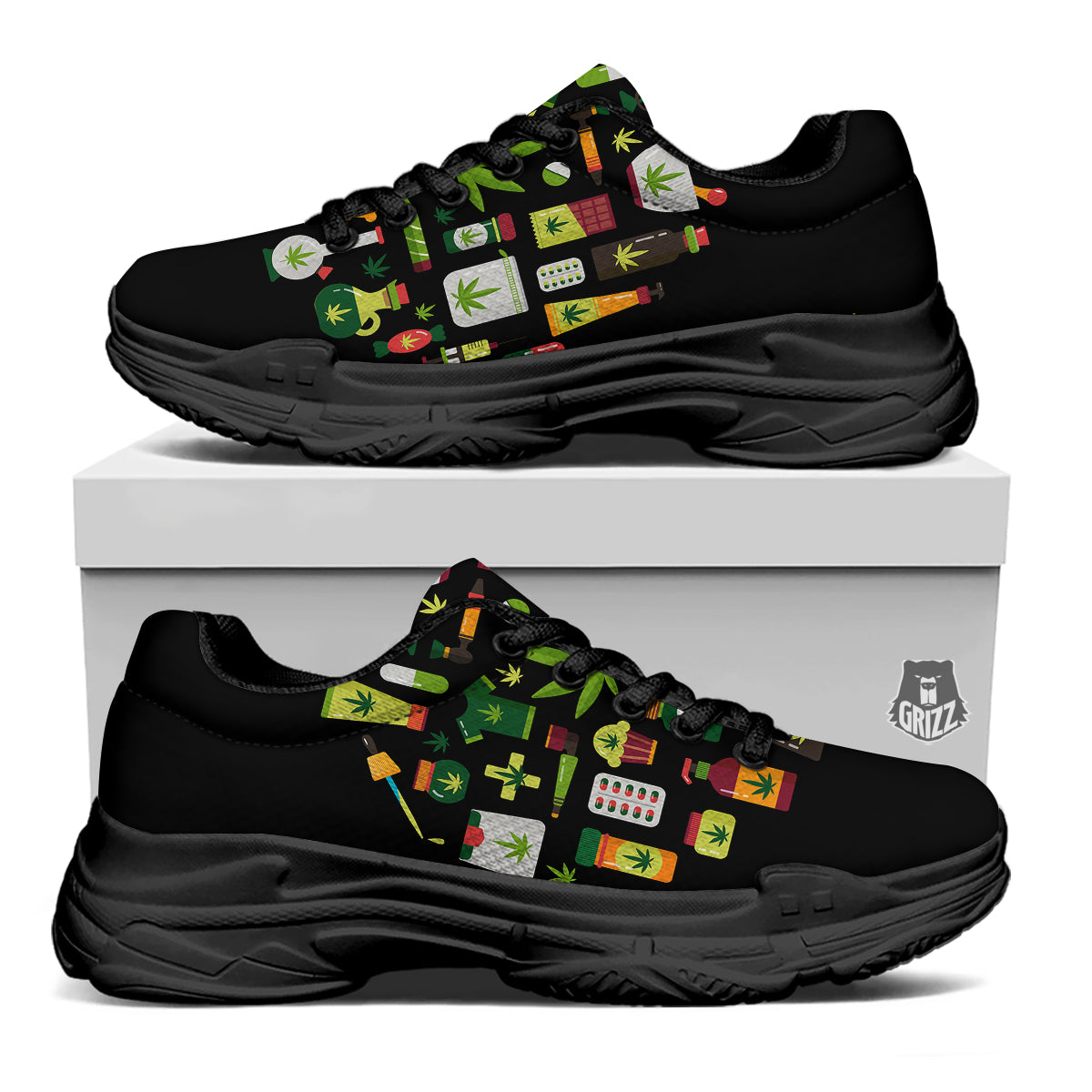 Marijuana And Cannabis Print Black Chunky Shoes-grizzshop