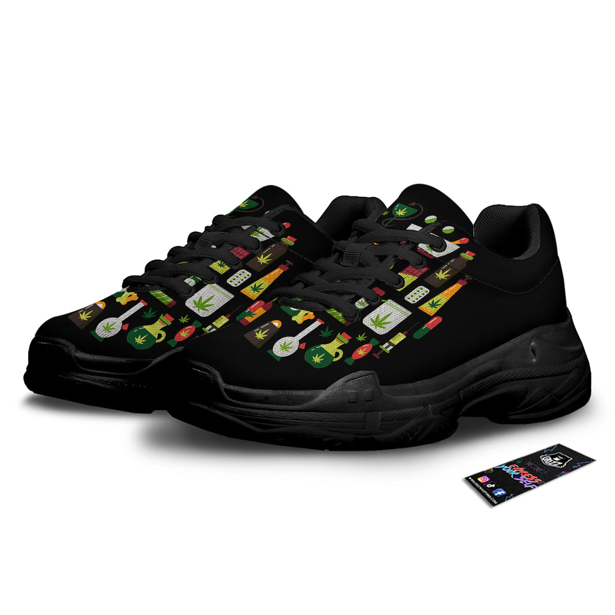 Marijuana And Cannabis Print Black Chunky Shoes-grizzshop