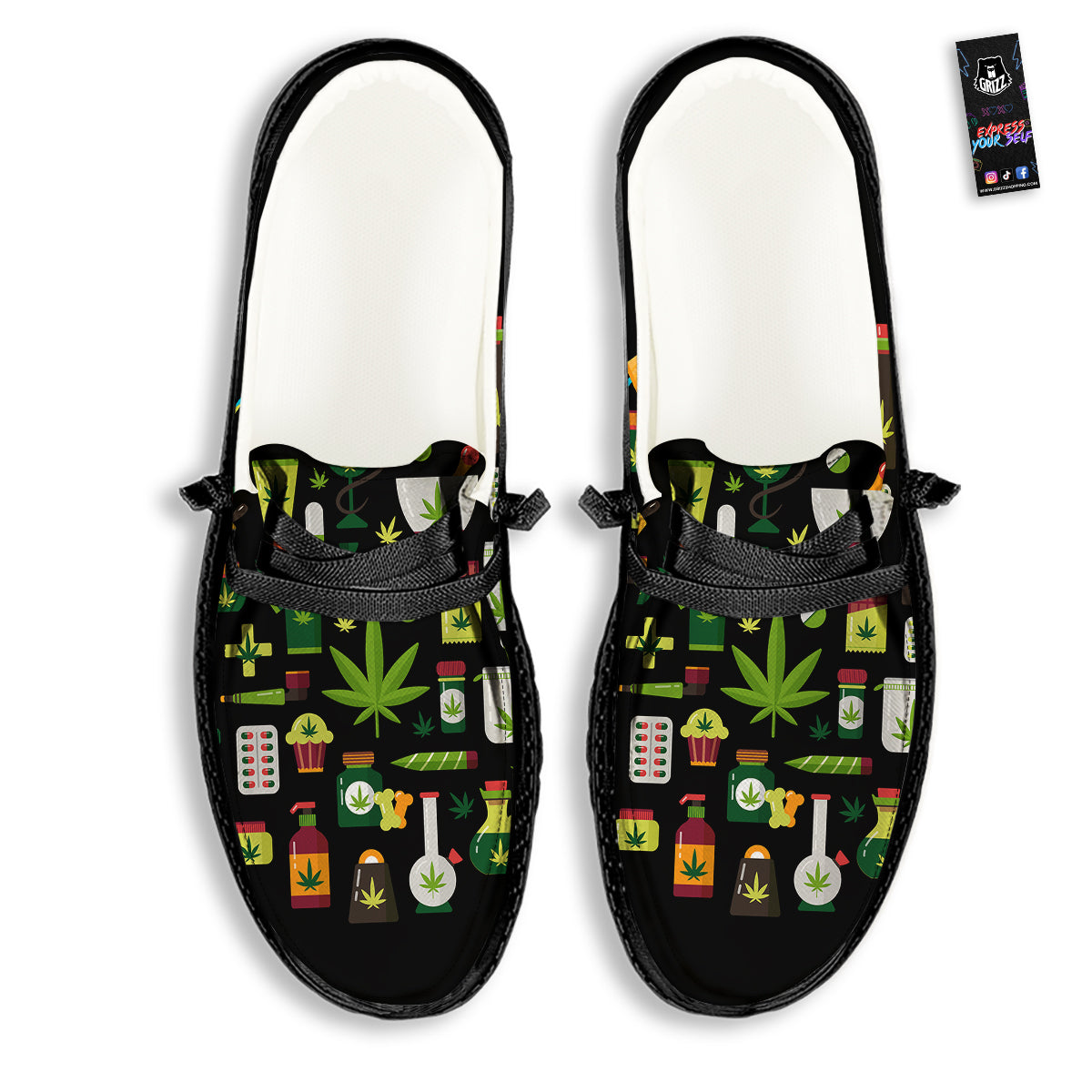 Marijuana And Cannabis Print Black Loafers-grizzshop