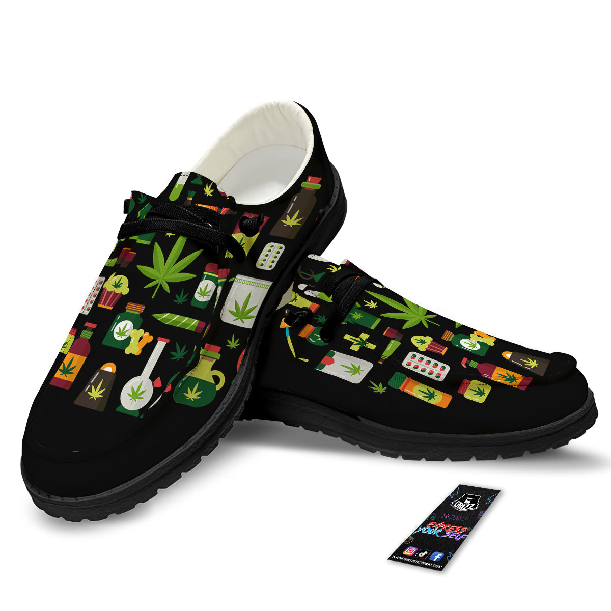 Marijuana And Cannabis Print Black Loafers-grizzshop