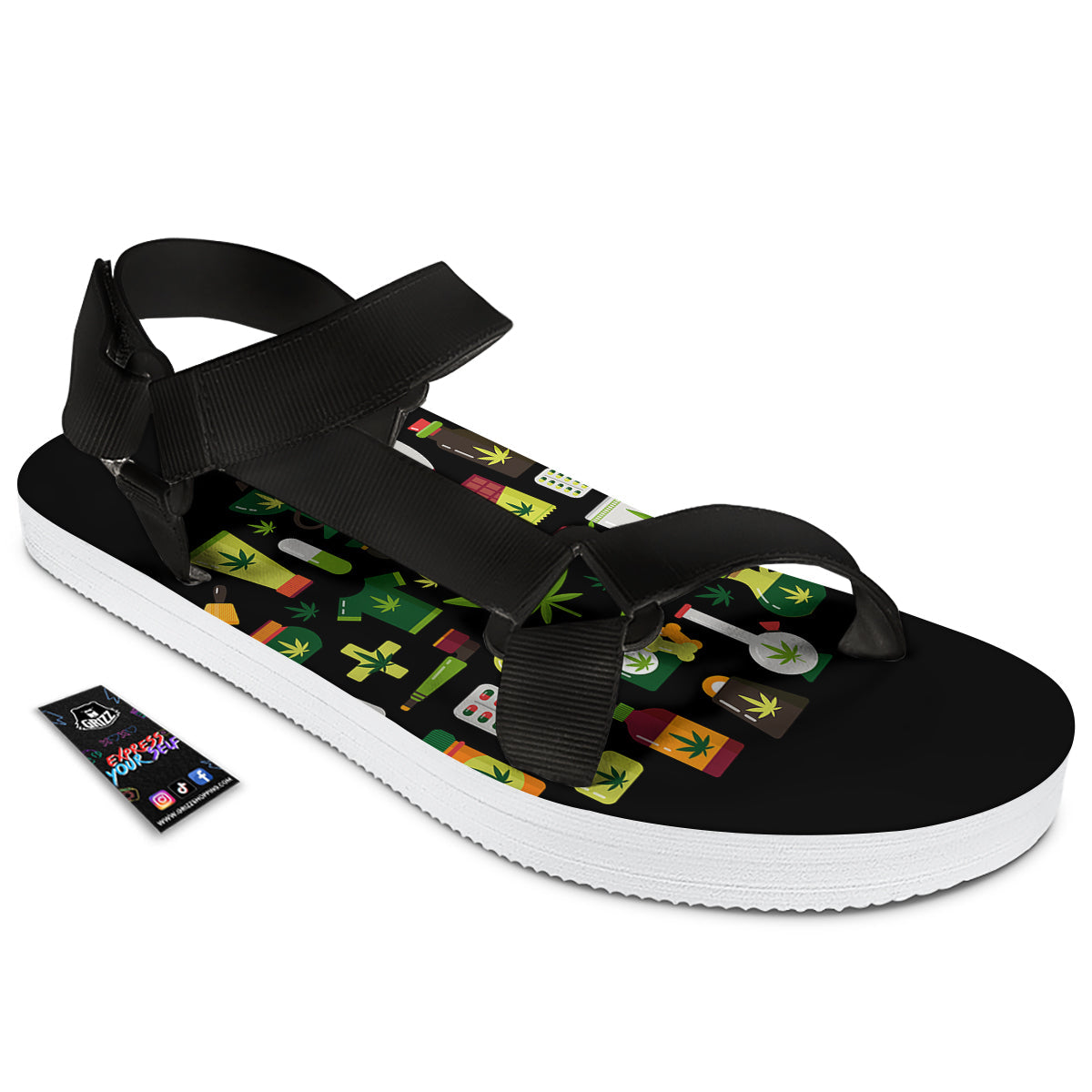 Marijuana And Cannabis Print Black Open Toe Sandals-grizzshop