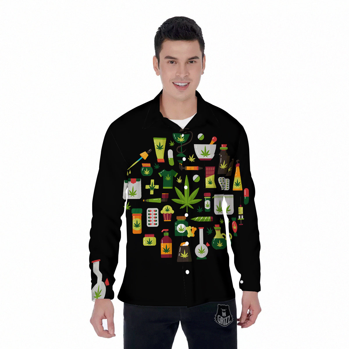 Marijuana And Cannabis Print Men's Long Sleeve Shirts-grizzshop