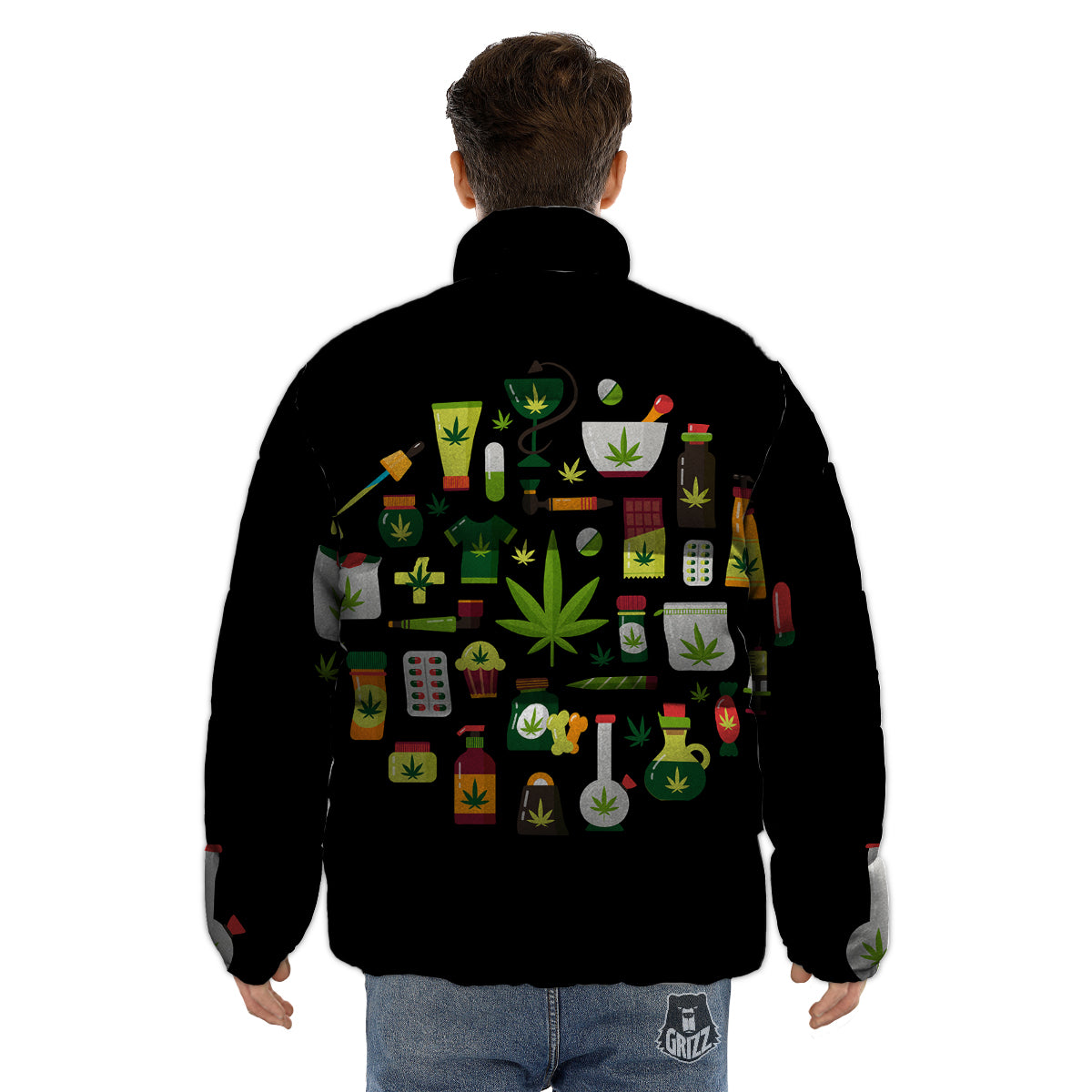 Marijuana And Cannabis Print Puffer Jacket-grizzshop