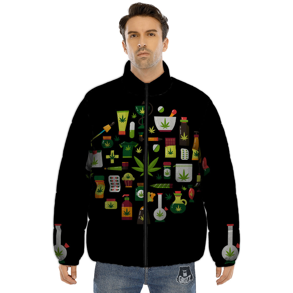 Marijuana And Cannabis Print Puffer Jacket-grizzshop