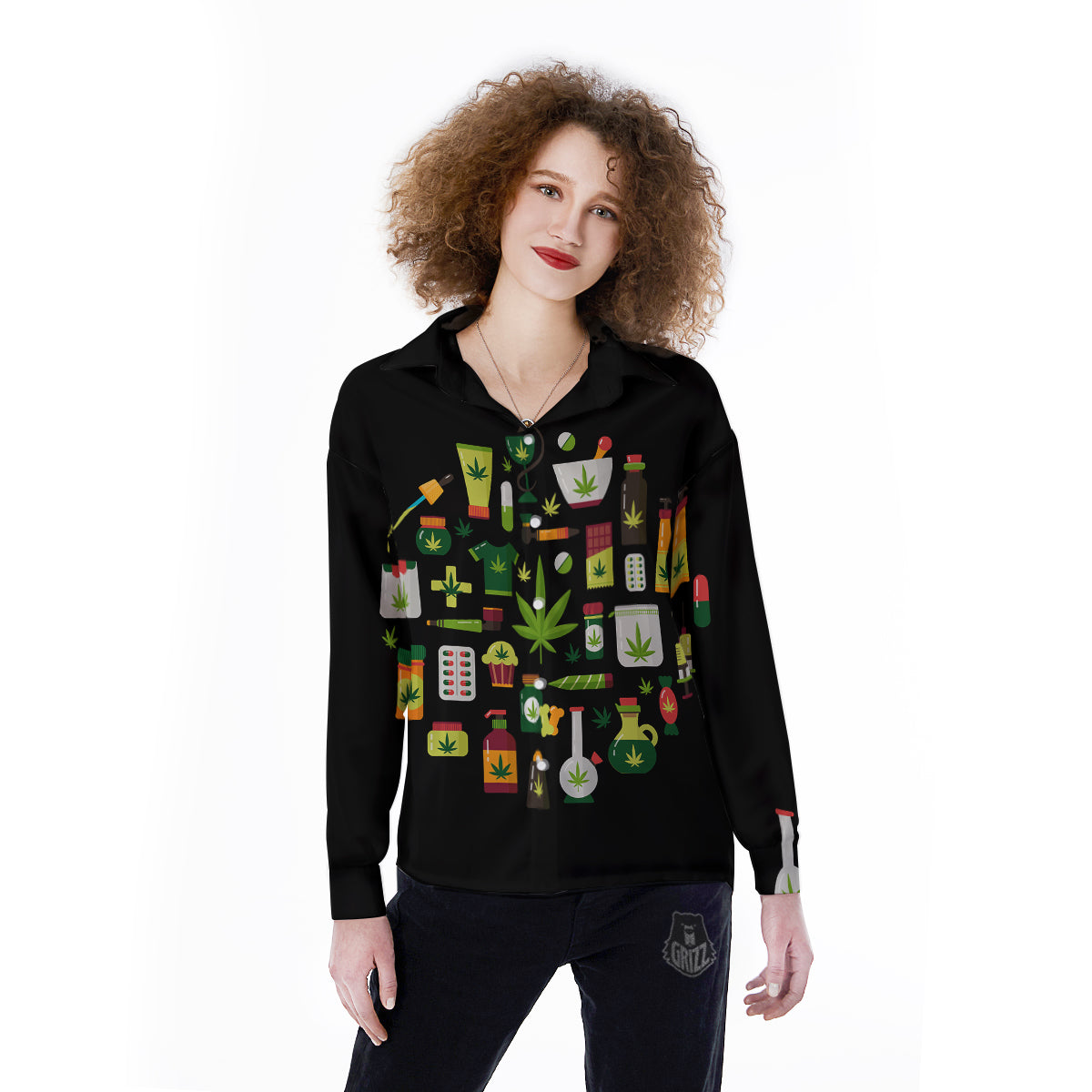 Marijuana And Cannabis Print Women's Long Sleeve Shirts-grizzshop