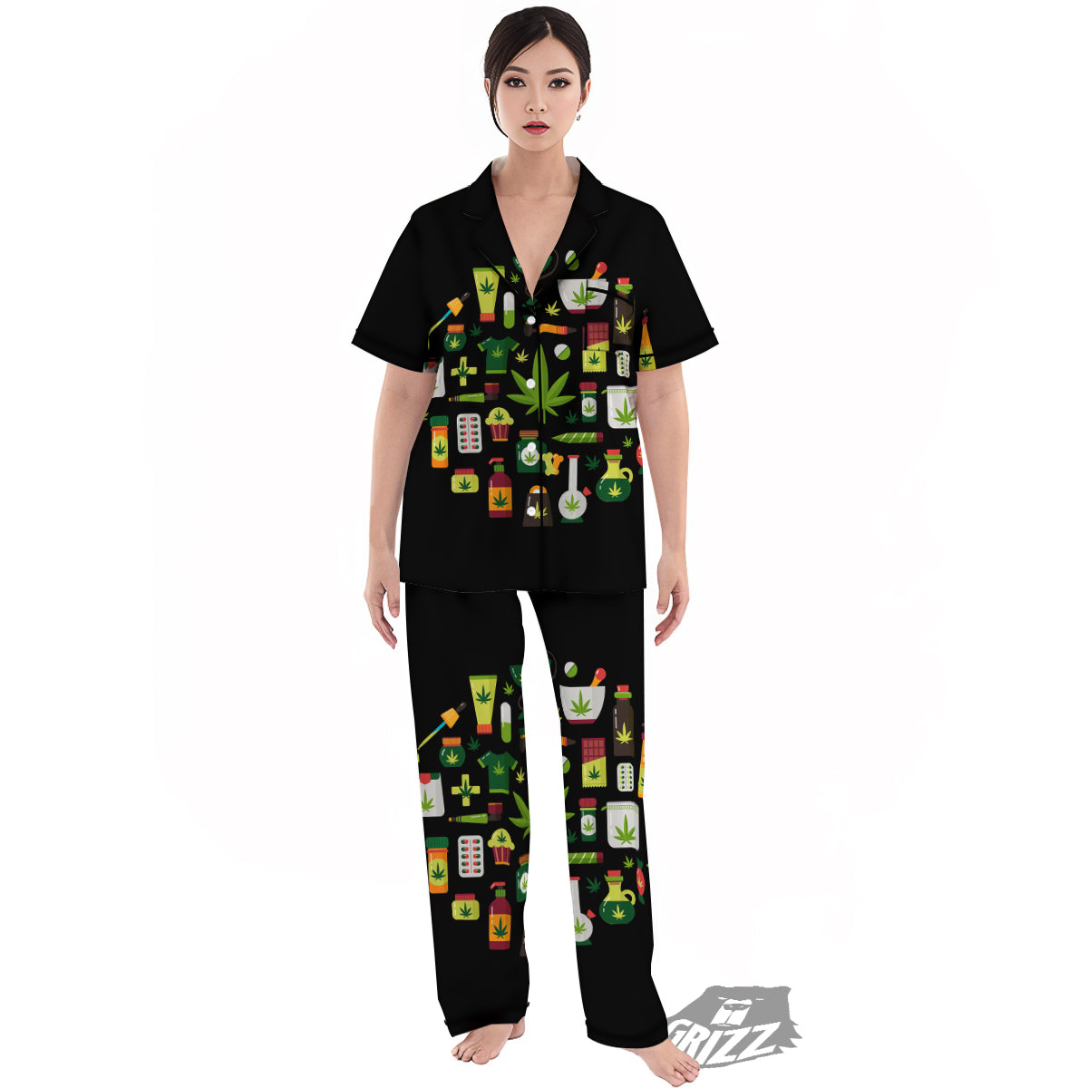 Marijuana And Cannabis Print Women's Pajamas Set-grizzshop