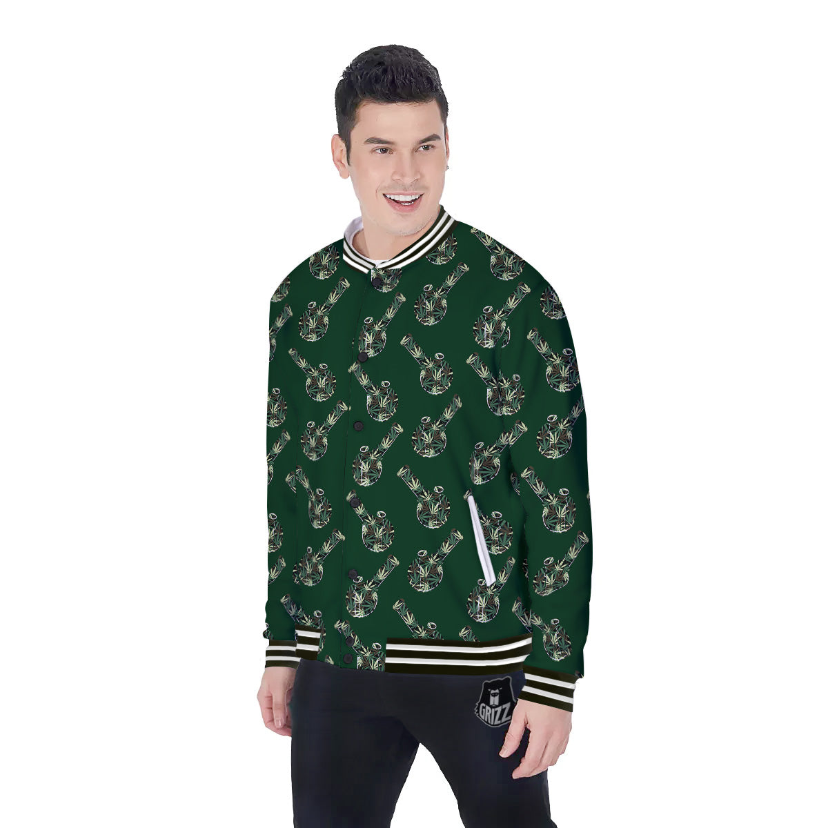 Marijuana Cannabis And Green Camo Print Pattern Baseball Jacket-grizzshop