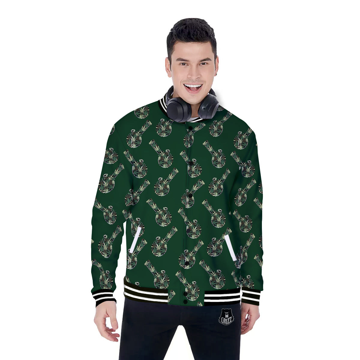 Marijuana Cannabis And Green Camo Print Pattern Baseball Jacket-grizzshop