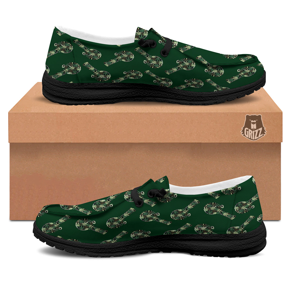 Marijuana Cannabis And Green Camo Print Pattern Black Loafers-grizzshop