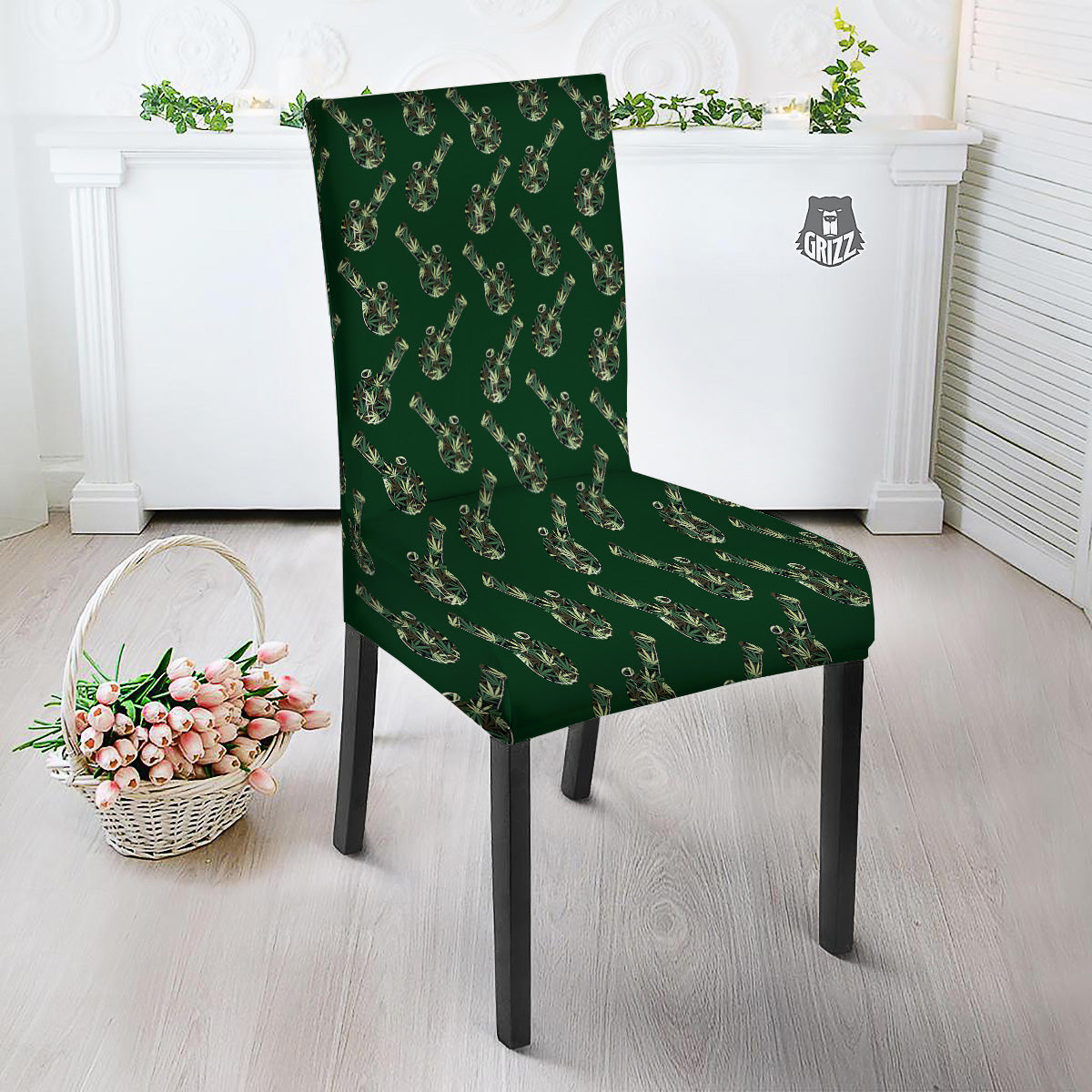 Marijuana Cannabis And Green Camo Print Pattern Dining Chair Slipcover-grizzshop