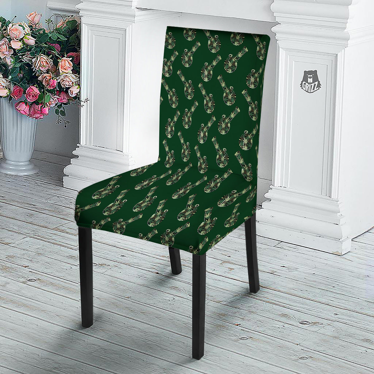 Marijuana Cannabis And Green Camo Print Pattern Dining Chair Slipcover-grizzshop