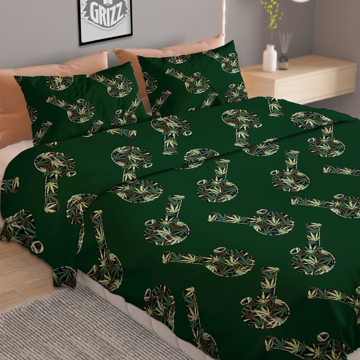 Marijuana Cannabis And Green Camo Print Pattern Duvet Cover Bedding Set