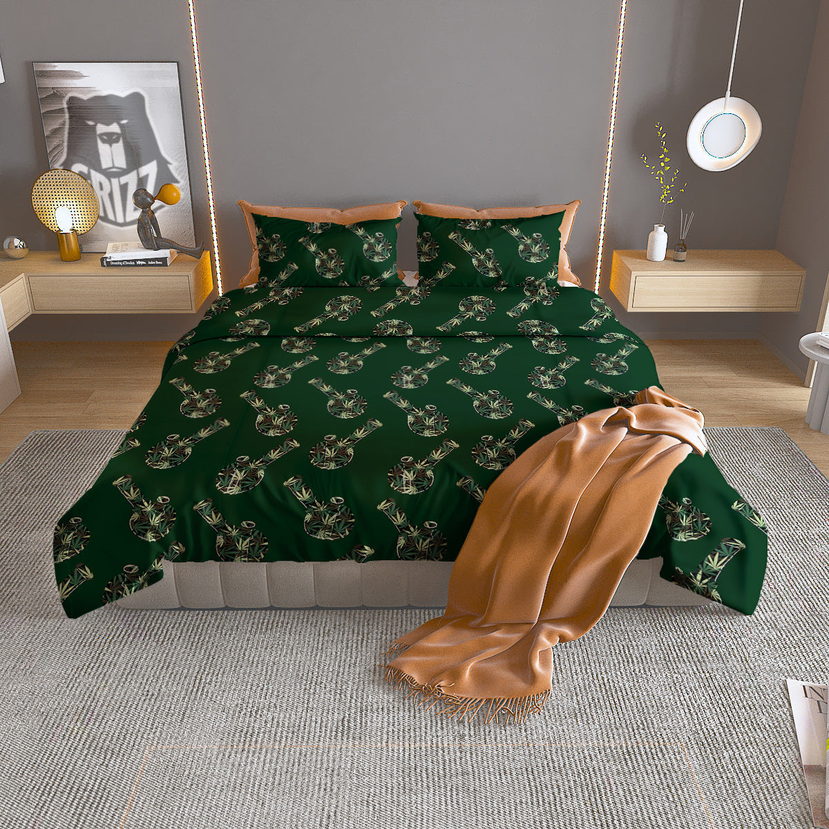 Marijuana Cannabis And Green Camo Print Pattern Duvet Cover Bedding Set