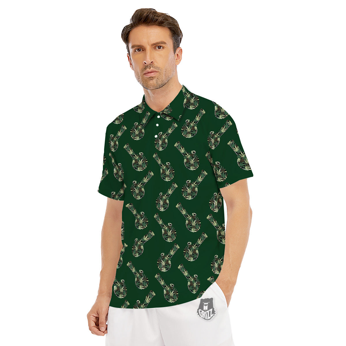 Marijuana Cannabis And Green Camo Print Pattern Men's Golf Shirts-grizzshop
