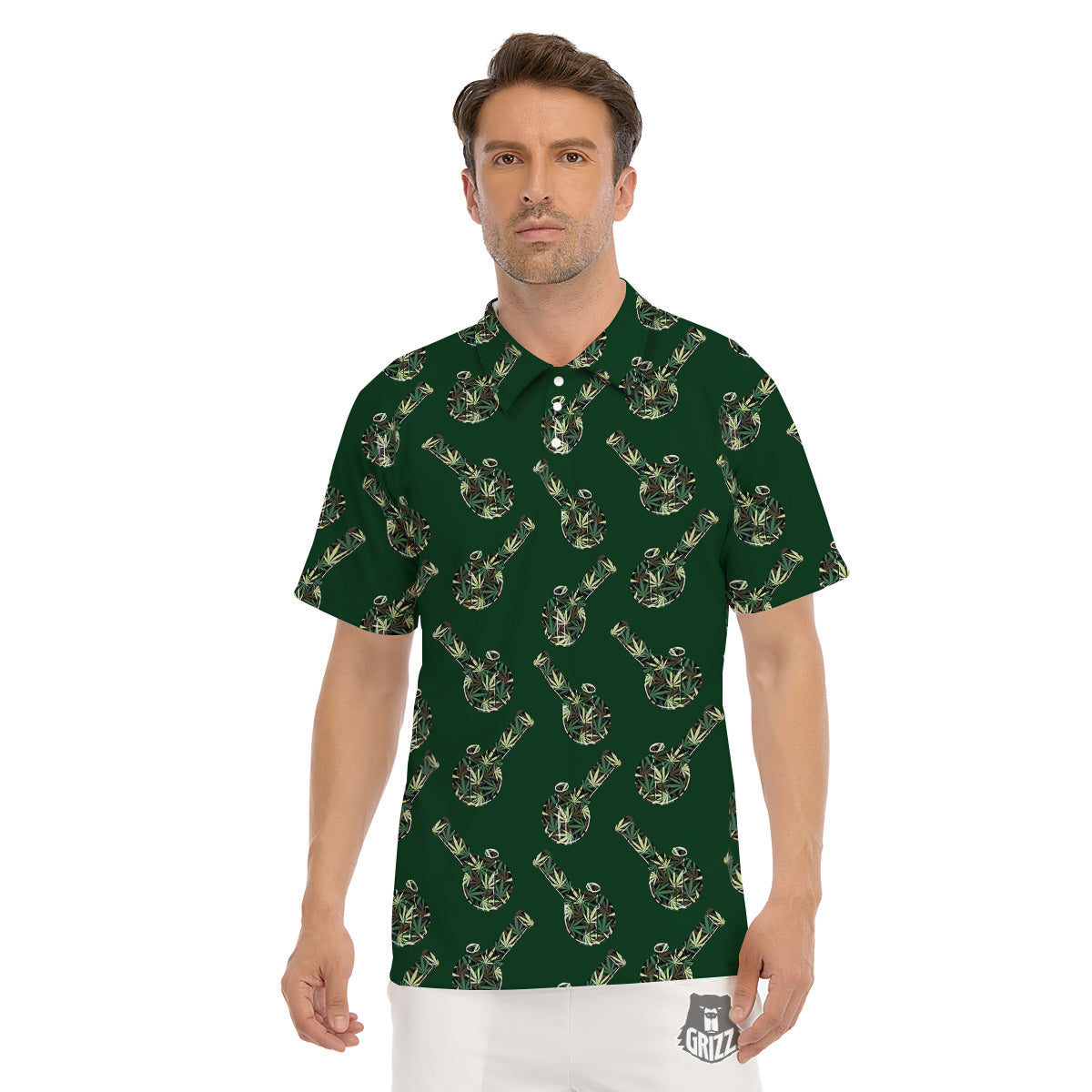 Marijuana Cannabis And Green Camo Print Pattern Men's Golf Shirts-grizzshop