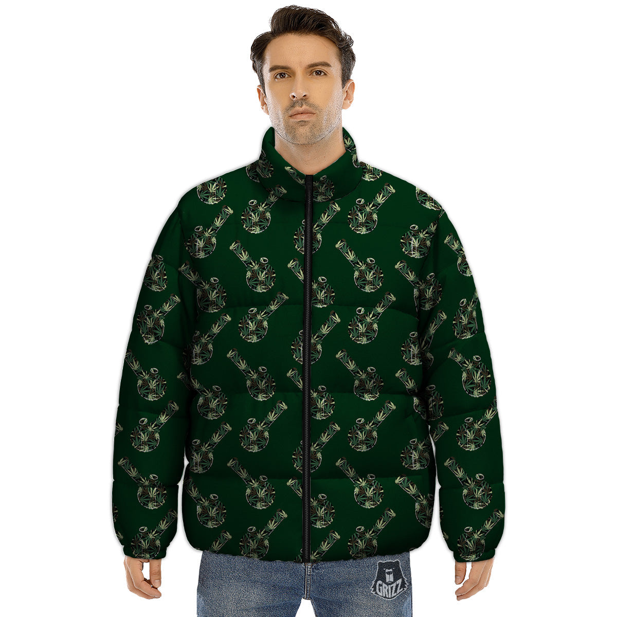 Marijuana Cannabis And Green Camo Print Pattern Puffer Jacket-grizzshop