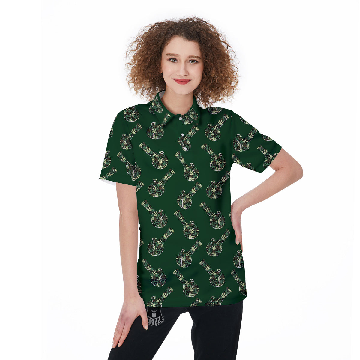 Marijuana Cannabis And Green Camo Print Pattern Women's Golf Shirts-grizzshop