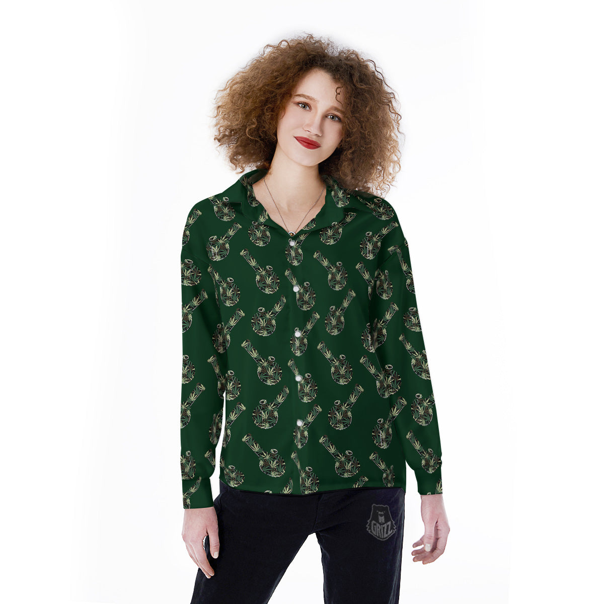 Marijuana Cannabis And Green Camo Print Pattern Women's Long Sleeve Shirts-grizzshop