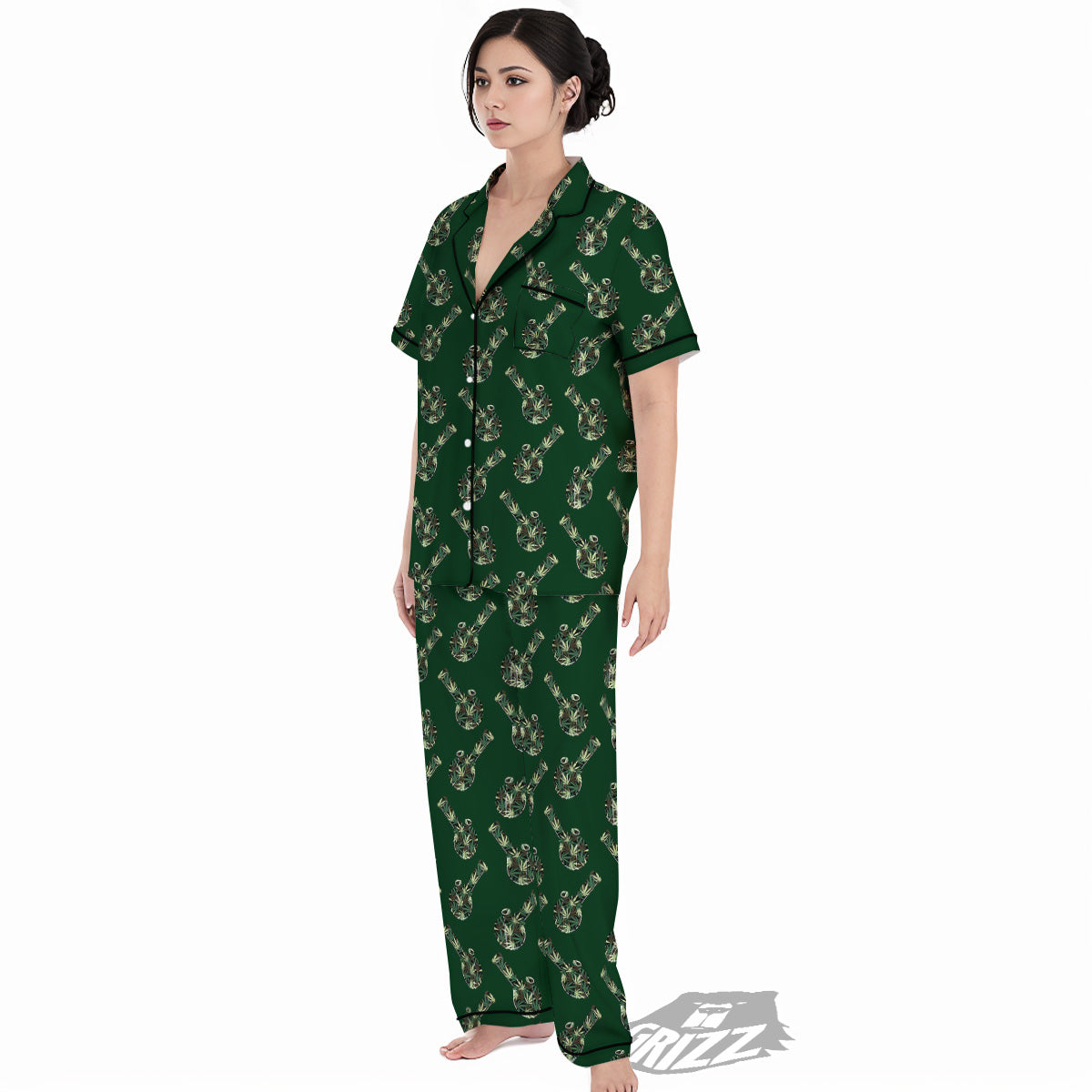 Marijuana Cannabis And Green Camo Print Pattern Women's Pajamas Set-grizzshop