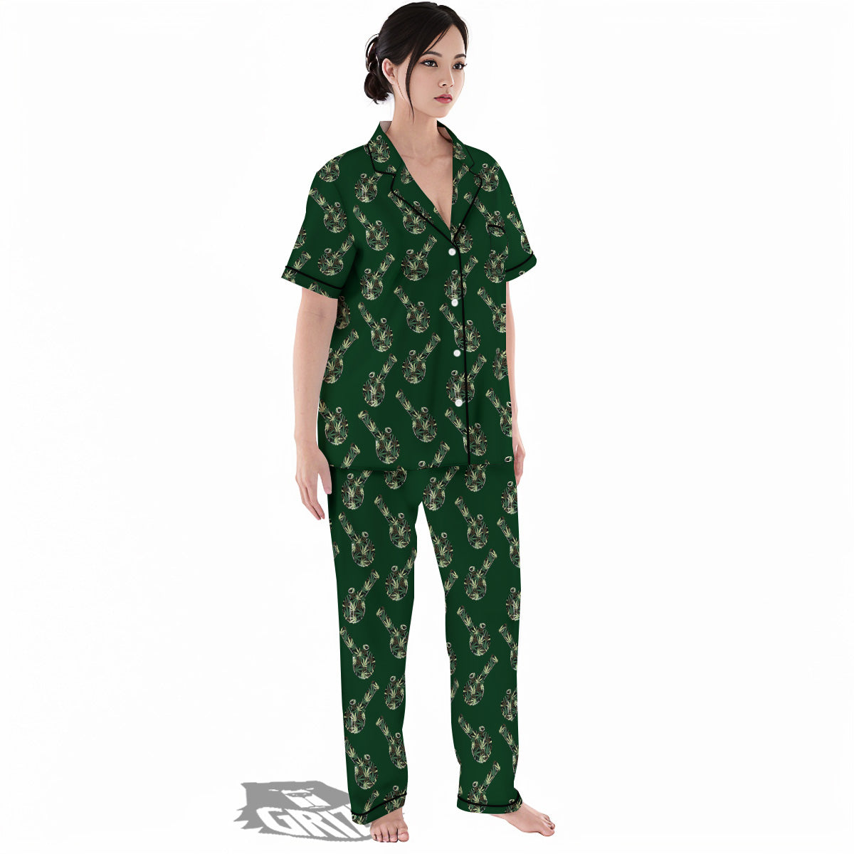 Marijuana Cannabis And Green Camo Print Pattern Women's Pajamas Set-grizzshop