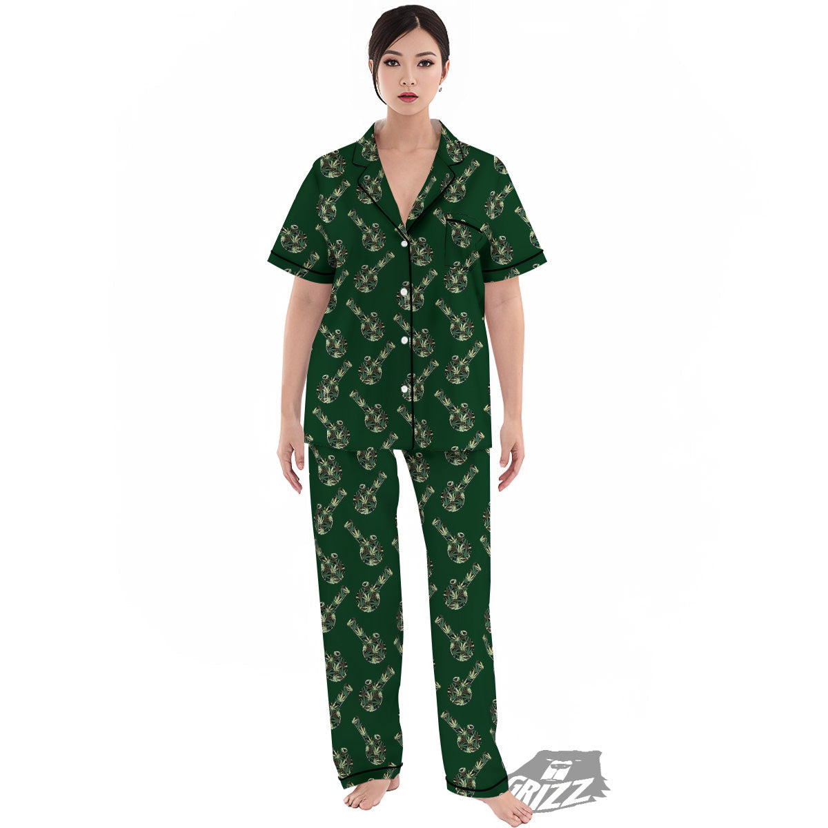 Marijuana Cannabis And Green Camo Print Pattern Women's Pajamas Set-grizzshop