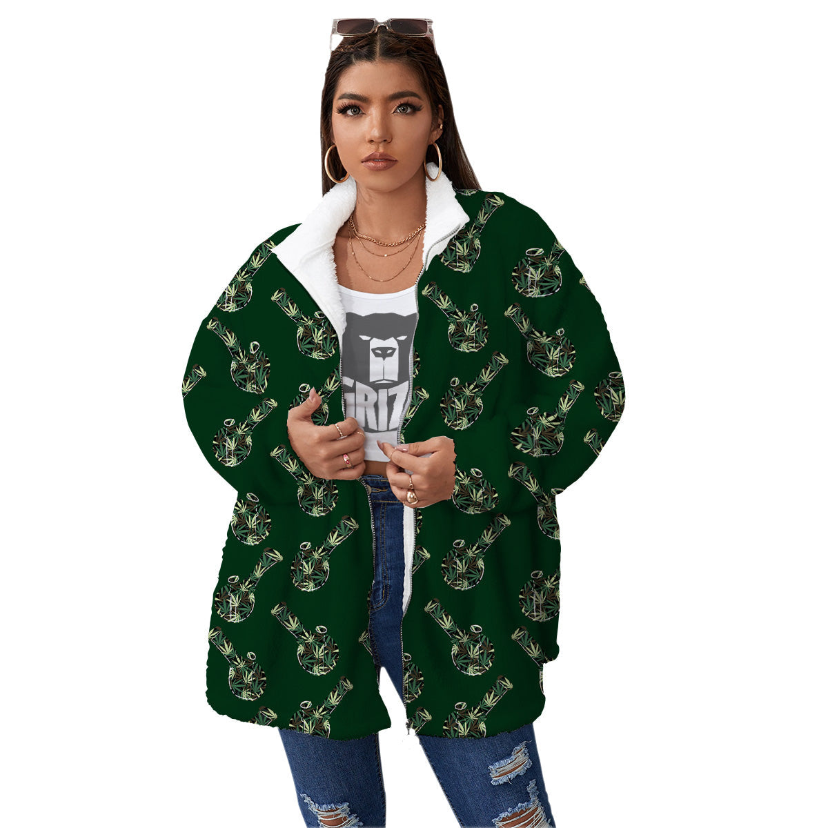 Marijuana Cannabis And Green Camo Print Pattern Women's Sherpa Jacket-grizzshop