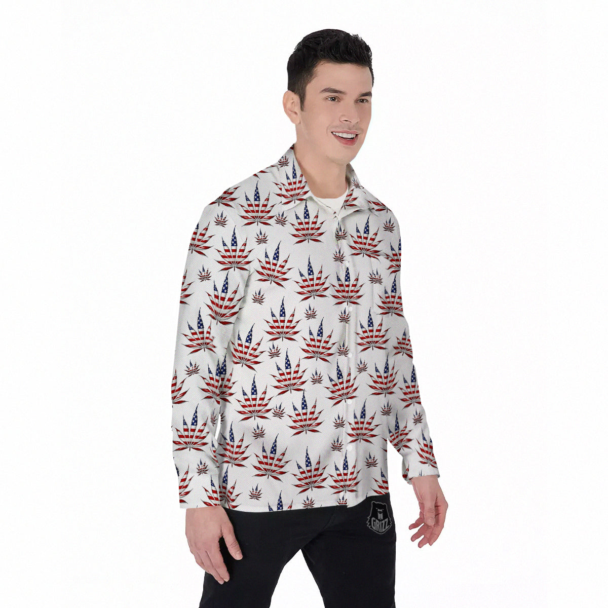 Marijuana Leaf American Print Pattern Men's Long Sleeve Shirts-grizzshop